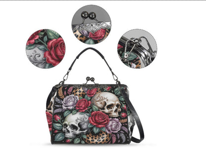 Victorian Gothic Floral Skull Rose Mother's Day  Shoulder Cross Body Bag Satchel Kisslock
