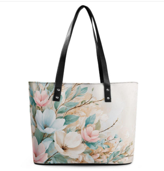 Custom Tote Hand Shoulder Bag 12 X 15 Spring Flowers Pastel Art Greens Beige Terrifictrend