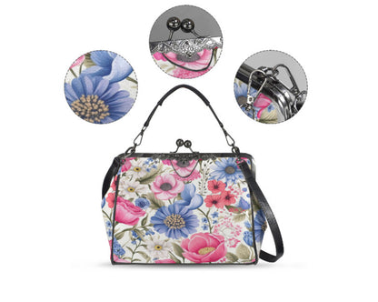 Flowers Blue White Pink Spring Summer Art Shoulder Cross Body Bag Satchel NEW Kisslock