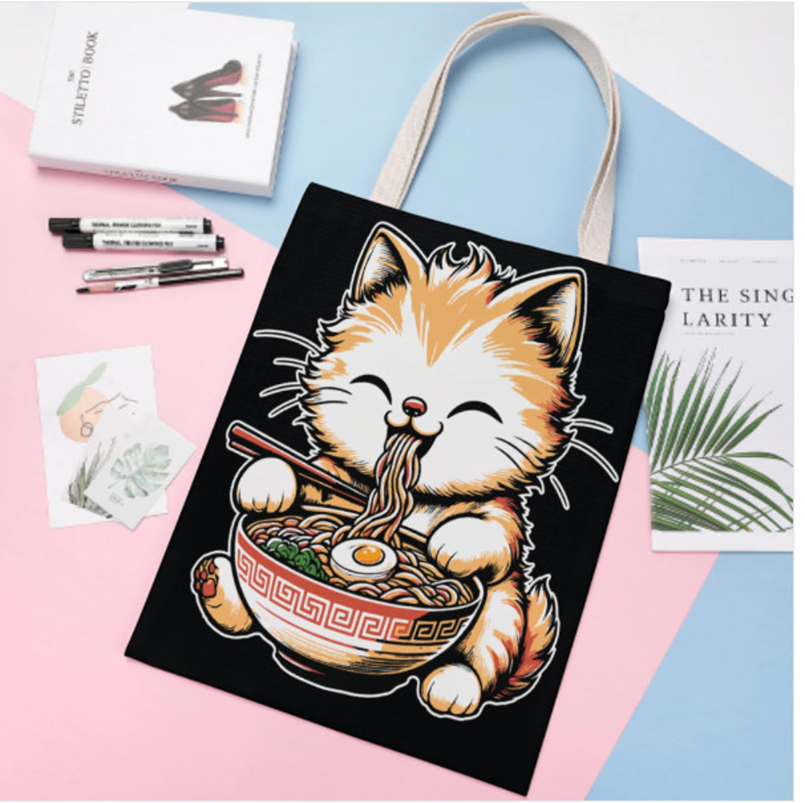 Cute Anime Cat Eating Ramen Reusable Recycled Tote Bag Print on 2 Sides 14 x 18 Terrifictrend