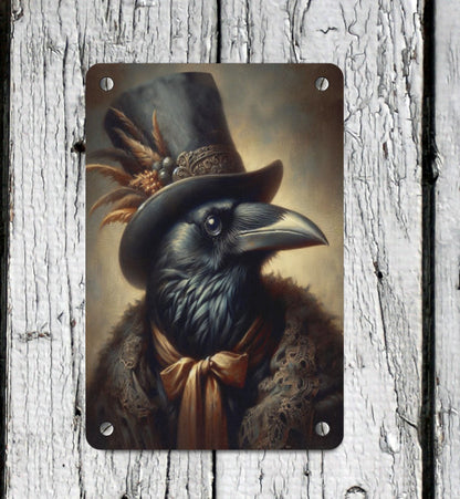 Gothic Victorian  Anthropomorphism Raven Crow  Bird Metal Sign  Wall Decor Sign Handcrafted