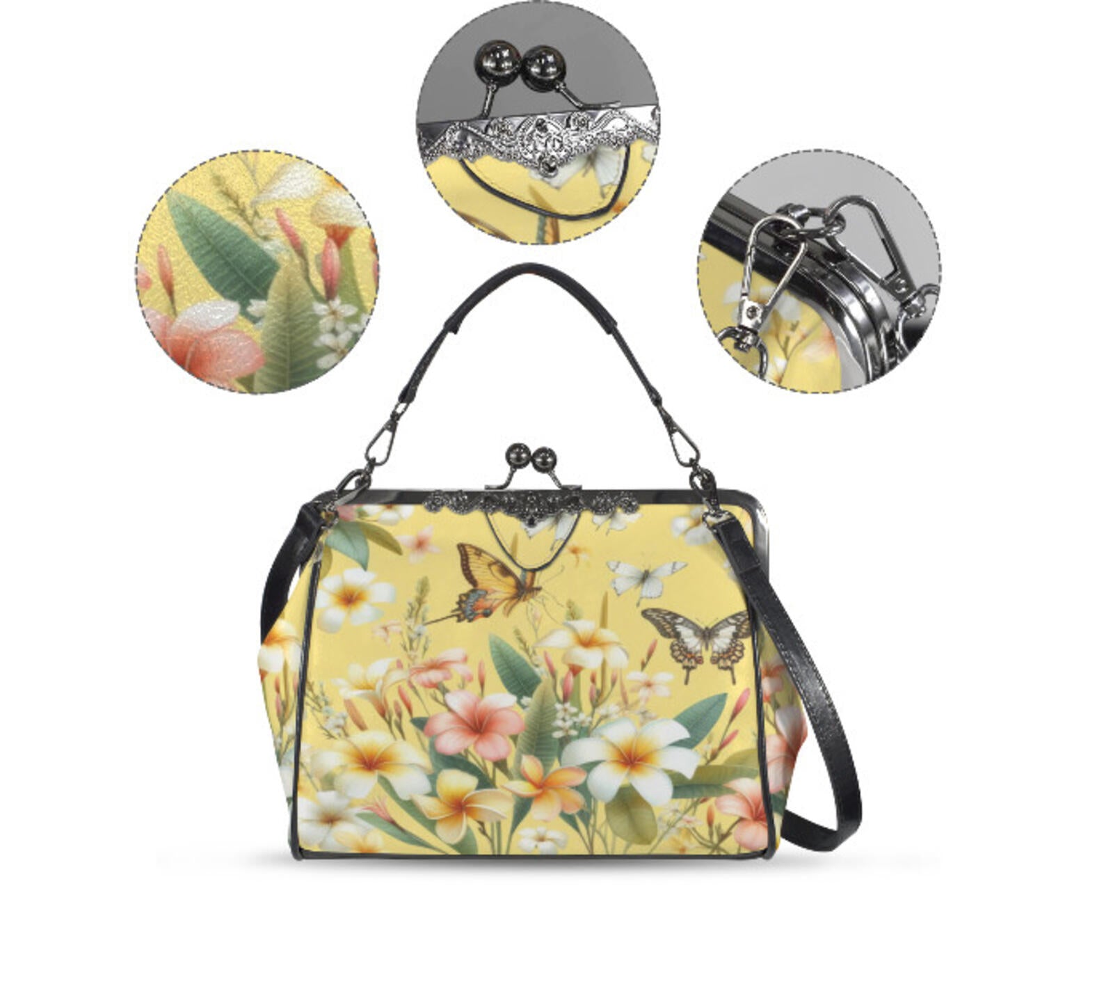 Yellow Floral Butterfly Art Spring Mother's Day Shoulder Cross Body Bag Satchel Kisslock