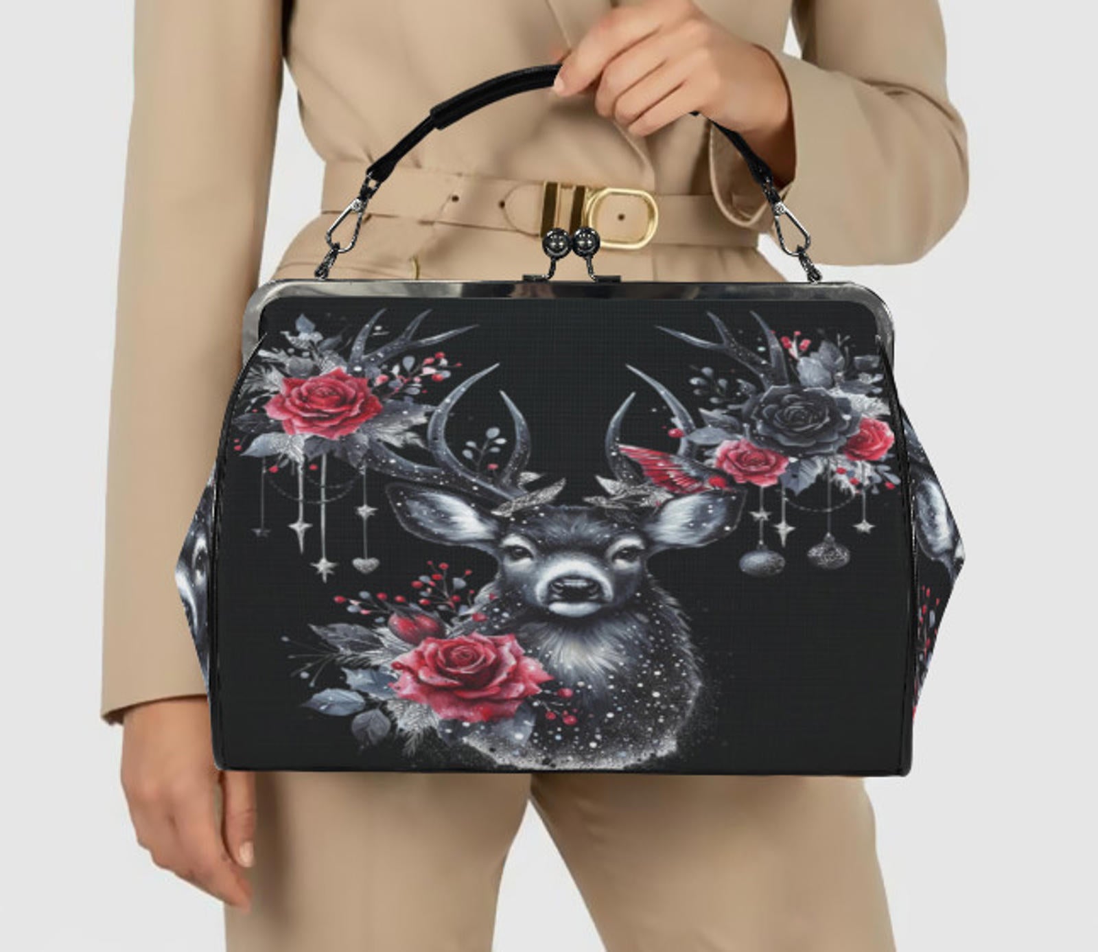 Gothic Christmas Deer Roses Hand Shoulder Cross Body Bag Satchel 9 x 13 Gift Kisslock