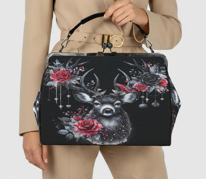 Gothic Christmas Deer Roses Hand Shoulder Cross Body Bag Satchel 9 x 13 Gift Kisslock