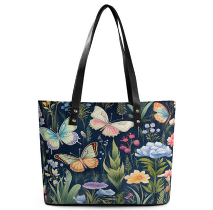 Custom Tote Hand Shoulder Bag 12 X 15 Spring Flowers Butterflies Navy Blue Gift Terrifictrend