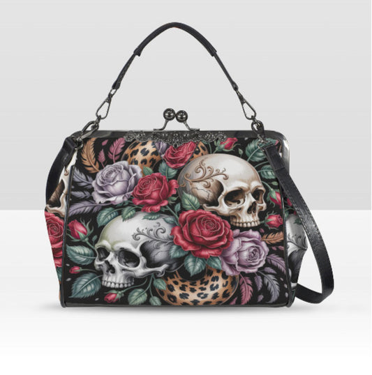 Victorian Gothic Floral Skull Rose Mother's Day  Shoulder Cross Body Bag Satchel Kisslock