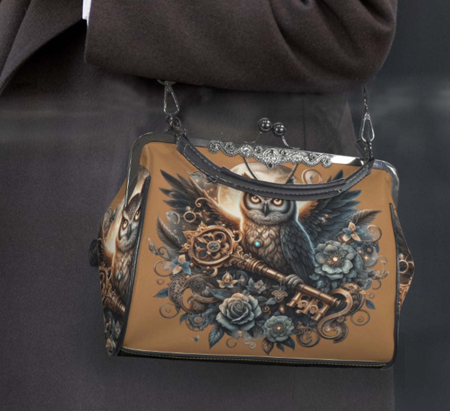Dark Victorian Gothic Owl Key Roses Moon Skull  Shoulder Cross Body Bag Satchel Kisslock