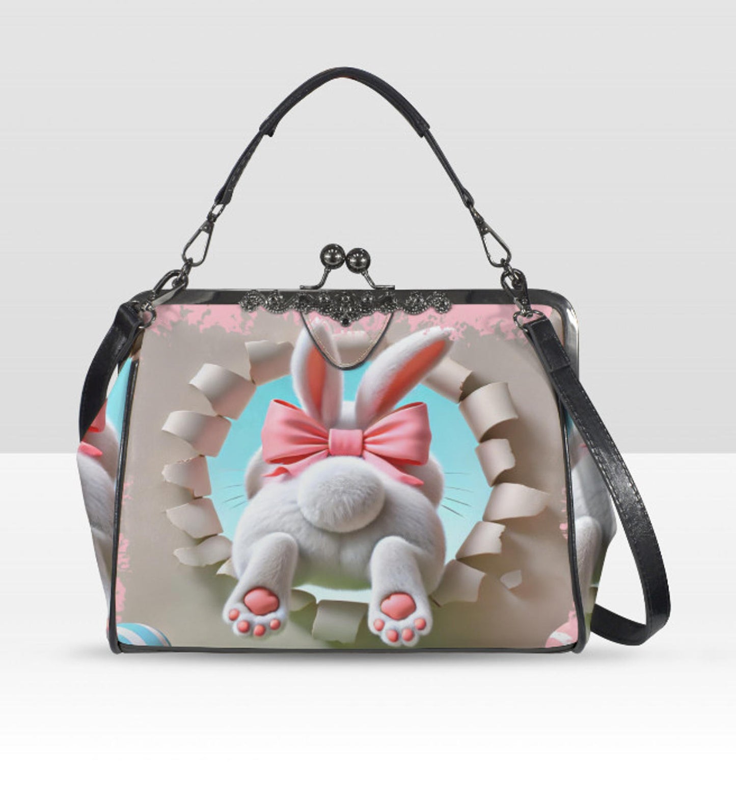 Cute Easter Bunny Hopping Pink Beige White New  Shoulder Cross Body Bag Satchel Kisslock