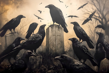 Wall Decor Framed 18X12 Canvas Art Print Crows Ravens Tombstone Spooky Halloween Home Decor