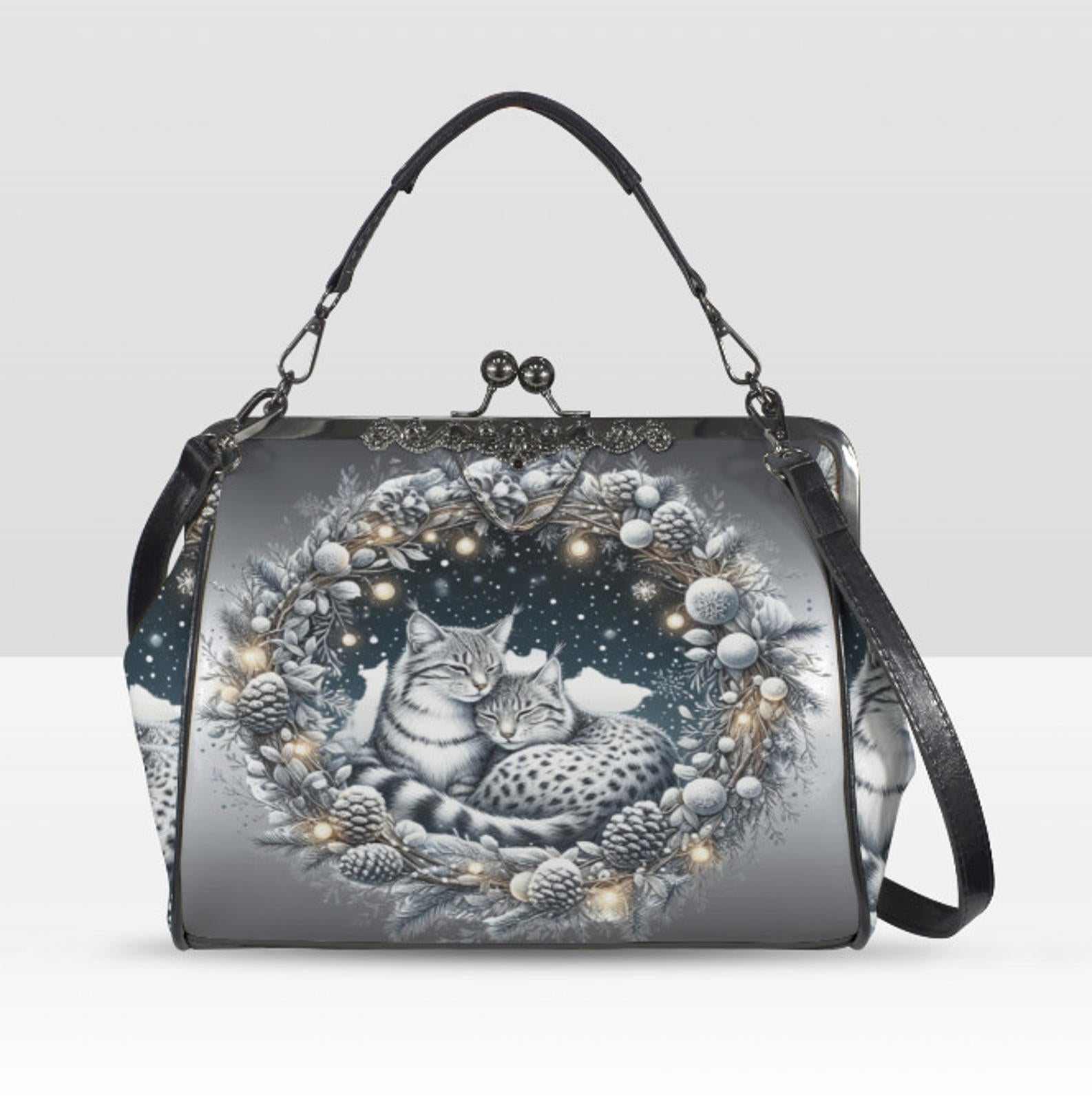 Silver Christmas Wreath Ocelots Holiday Shoulder Cross Body Hand Bag Satchel Kisslock
