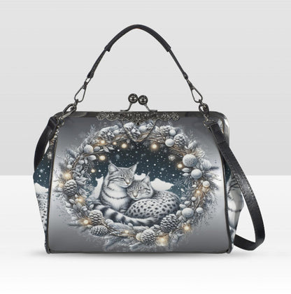 Silver Christmas Wreath Ocelots Holiday Shoulder Cross Body Hand Bag Satchel Kisslock