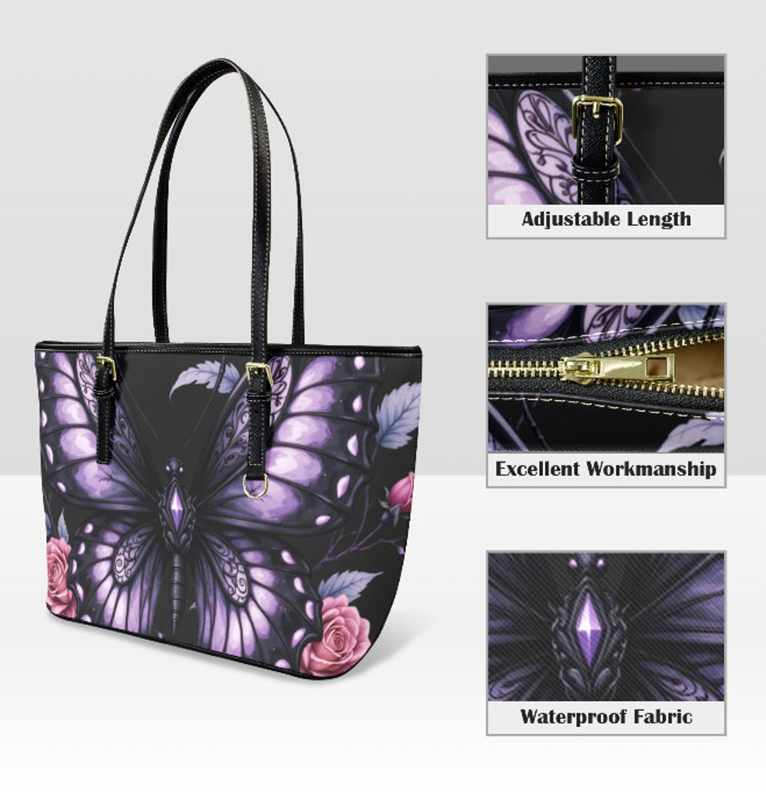 Custom Tote Hand Shoulder Bag 12 X 15 Happy Mothers Day Gothic Purple Butterfly Terrifictrend