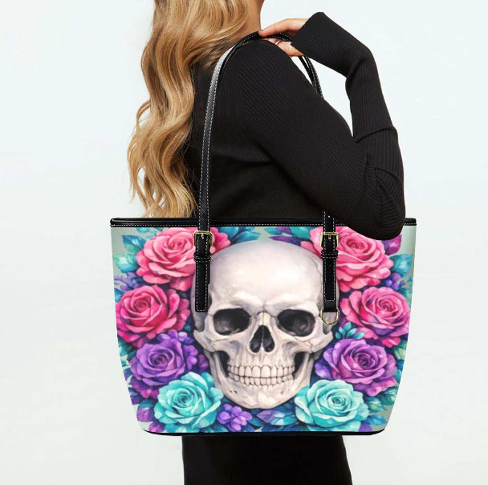 Custom Tote Hand Shoulder Bag 12 X 15 Happy Mothers Day Gothic Skull Flowers Terrifictrend