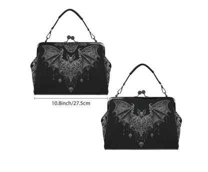 Dark Victorian Gothic Bat w/ Heart and Charms Shoulder Cross Body Bag Satchel Kisslock