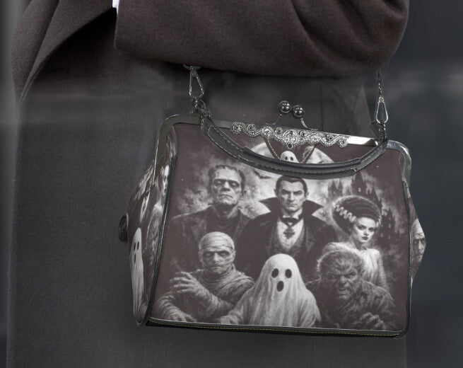 Vintage Horror Movie Mummy, Dracula, Werewolf Shoulder Cross Body Bag Satchel Kisslock