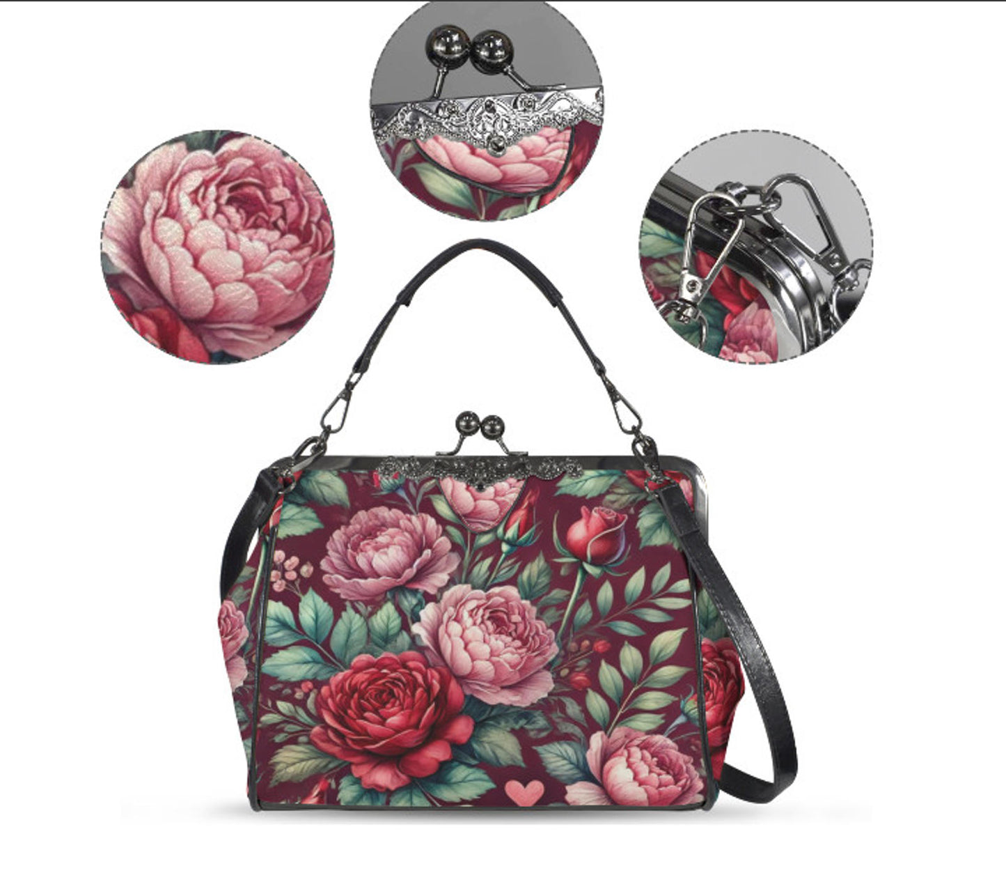 Victorian Valentine Red Pink Flowers Heart Shoulder Cross Body Hand Bag Satchel Kisslock