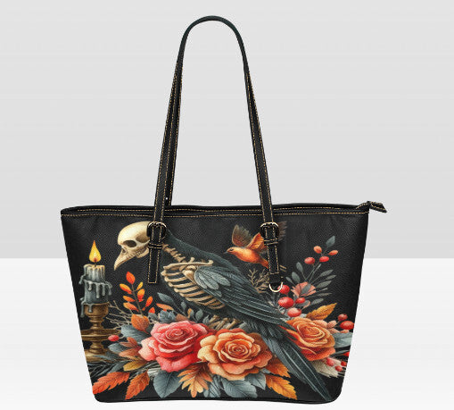 Custom Tote Hand Shoulder Bag 12 X 15 Gothic Skeleton Halloween Fall Crow Raven Terrifictrend