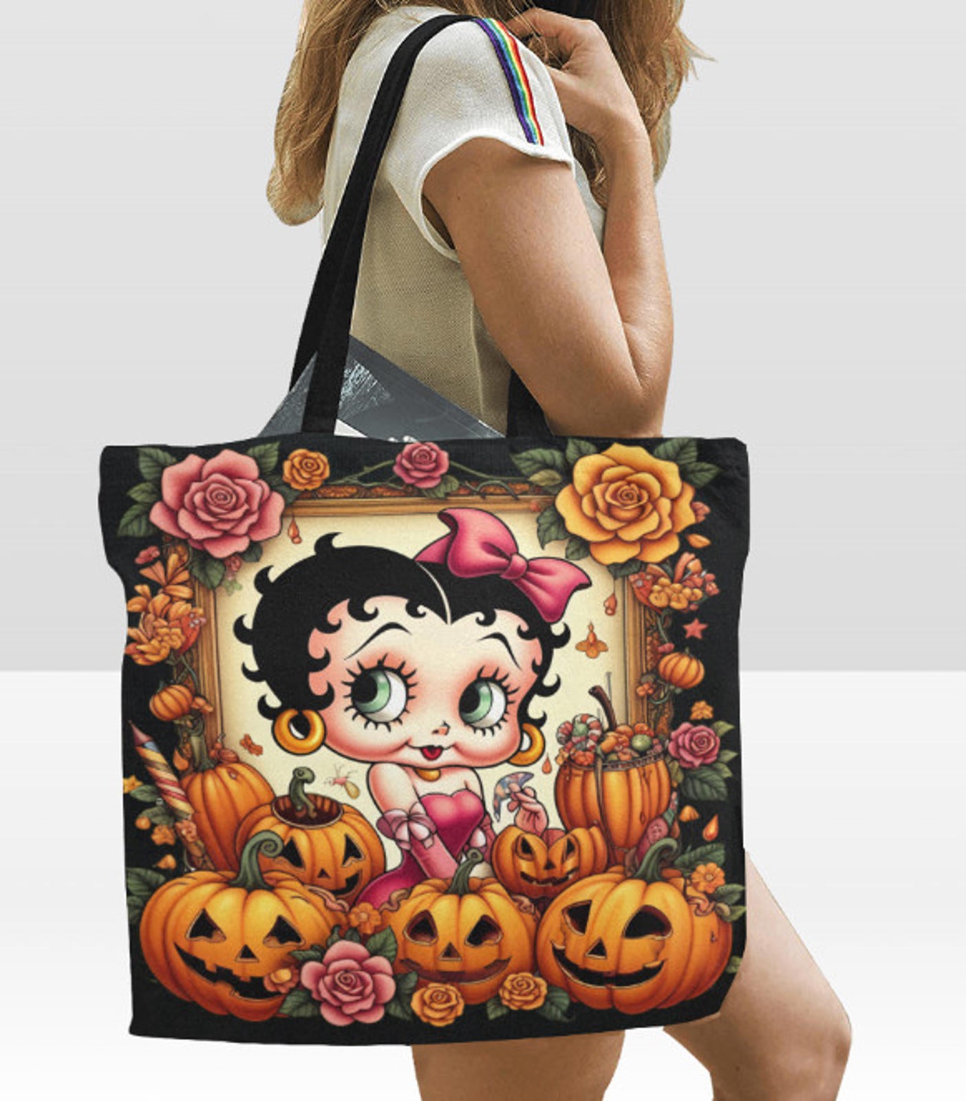 Betty Boop Jack O Lantern Flowers Large Halloween Tote Bag 18"x15" TerrificTrend