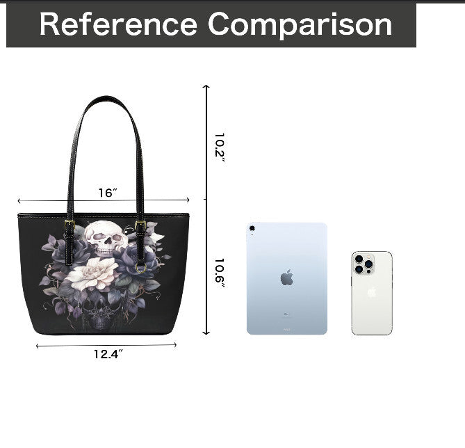 Custom Tote Hand Shoulder Bag 12 X 15 Gothic Black White Dark Flowers & Skull Terrifictrend
