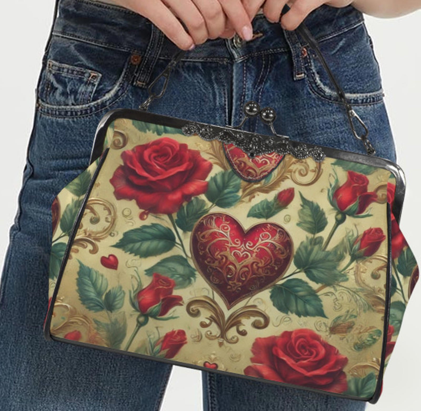 Victorian Heart Valentine's Day Red Rose  Shoulder Cross Body Hand Bag Satchel Kisslock