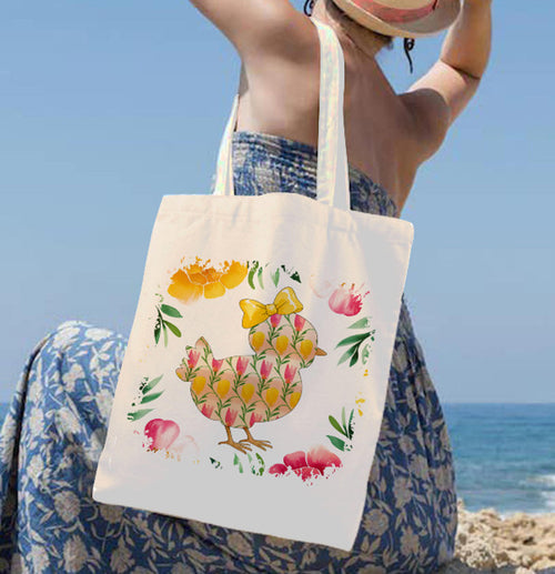 Easter Yellow Chick Pink  Spring Flowers Canvas Shoulder Tote Bag 15" X 15" TerrificTrend