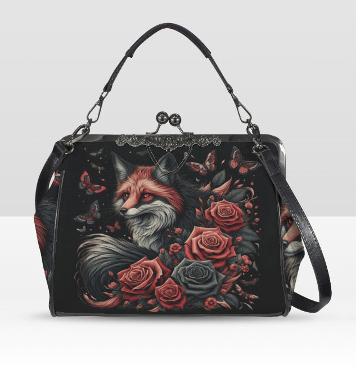 Dark Victorian Gothic Fox Moon Roses Butterfly  Shoulder Cross Body Bag Satchel Kisslock