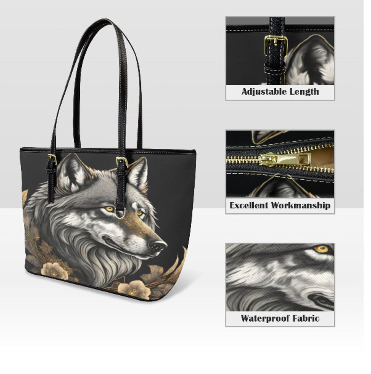 Custom Tote Hand Shoulder Bag 12 X 15 Gothic Victorian Wolf Grey Gold Black NEW Terrifictrend