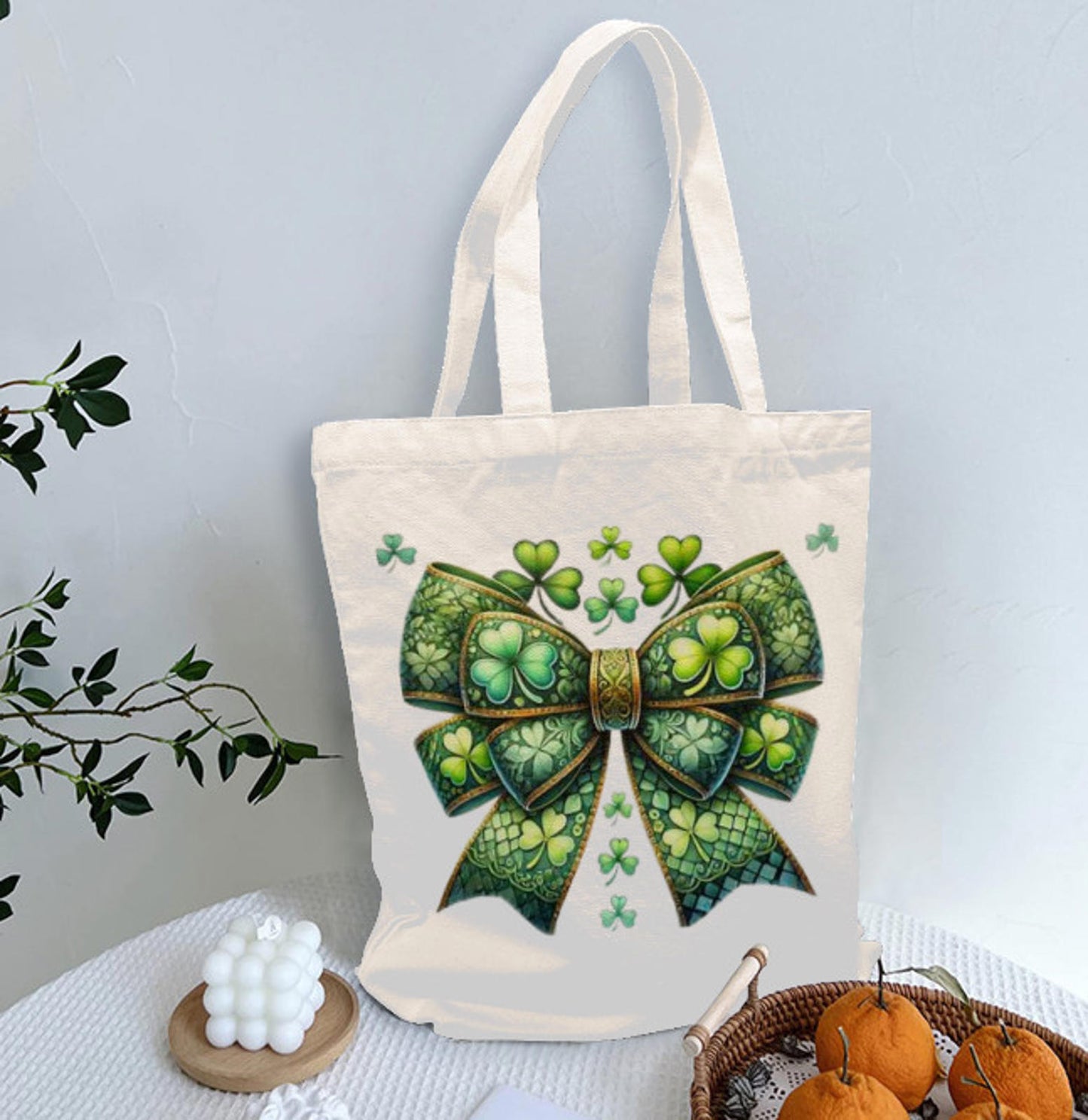 St. Patrick's Day Irish Shamrock Clover Bow  Print Shoulder Tote Bag 15" X 15" TerrificTrend