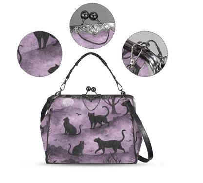 Purple Black Cat Spooky Fun Halloween Holiday SATCHEL or Cross Body Bag 10" x 8" Unbranded