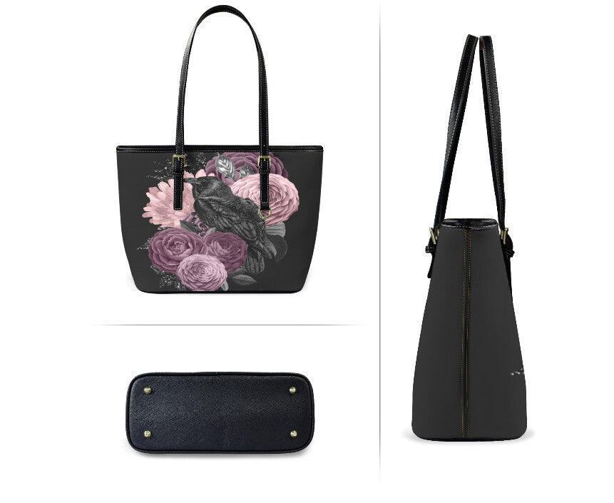 Custom Tote Hand Shoulder Bag 12 X 15 Gothic Crow Purple Lavender Flowers Terrifictrend