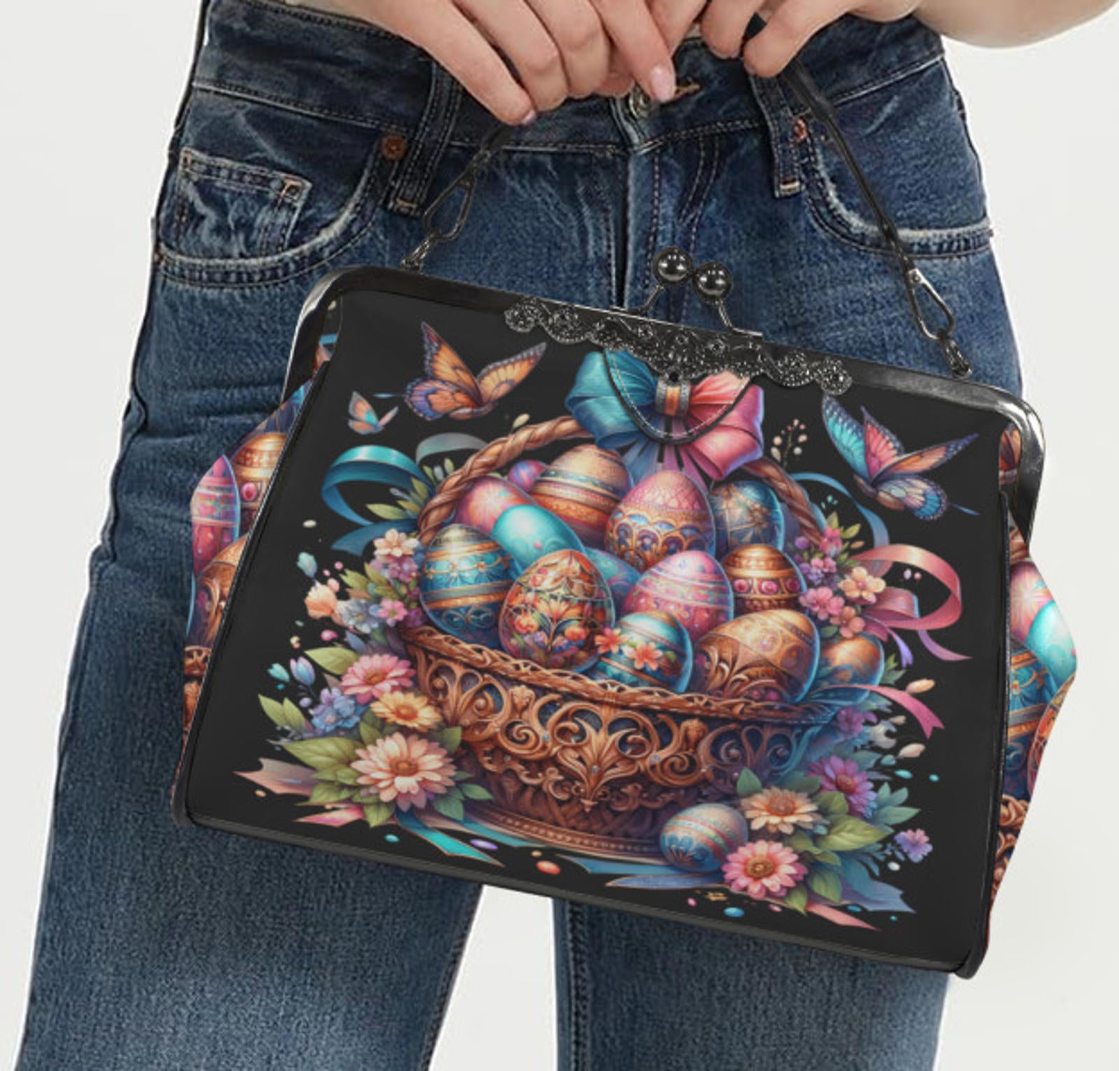Happy Easter Basket Flowers Spring Eggs Art Shoulder Cross Body Bag Satchel Kisslock