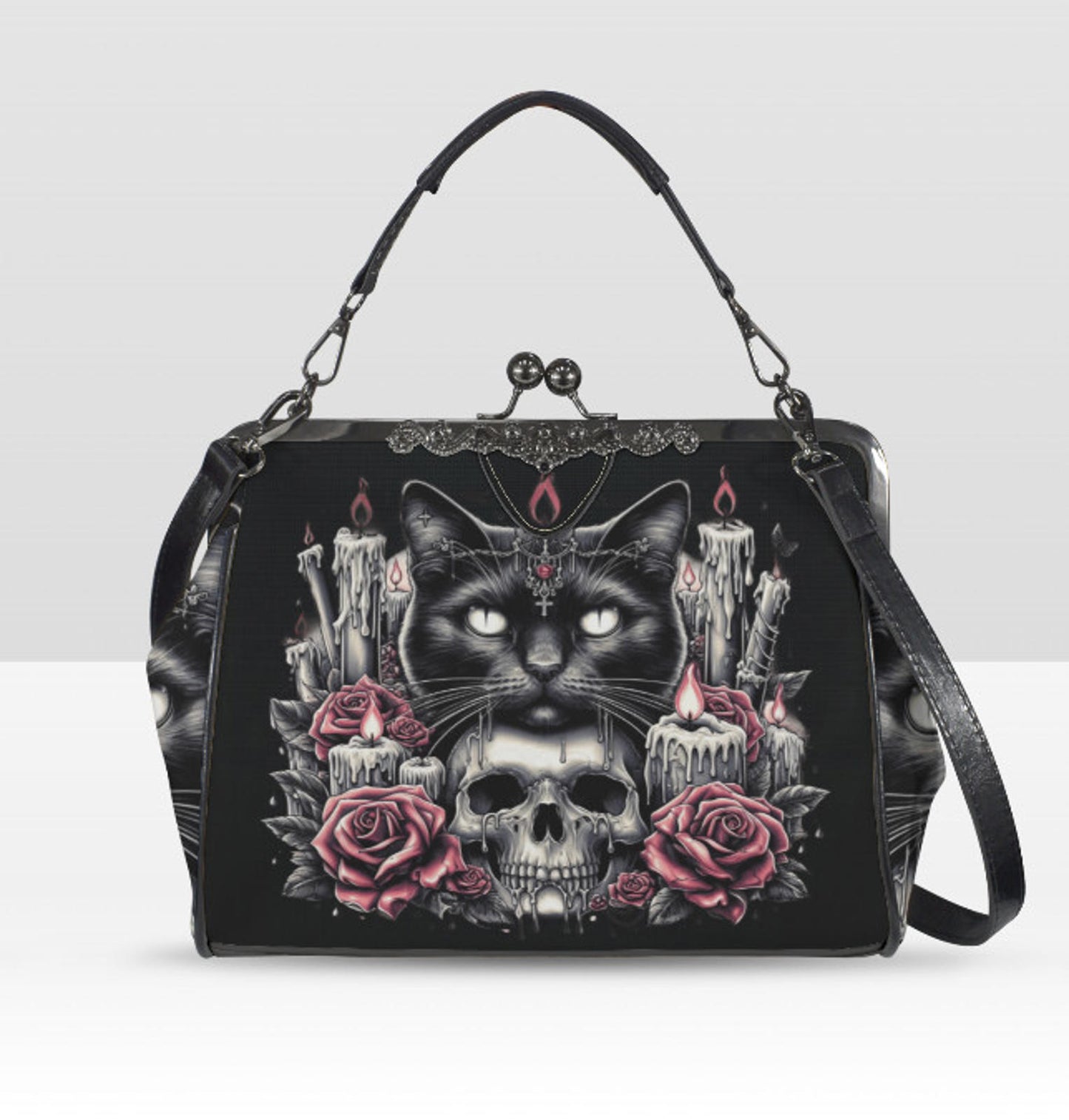 Dark Victorian Gothic Black Cat Candles Roses  Shoulder Cross Body Bag Satchel Kisslock