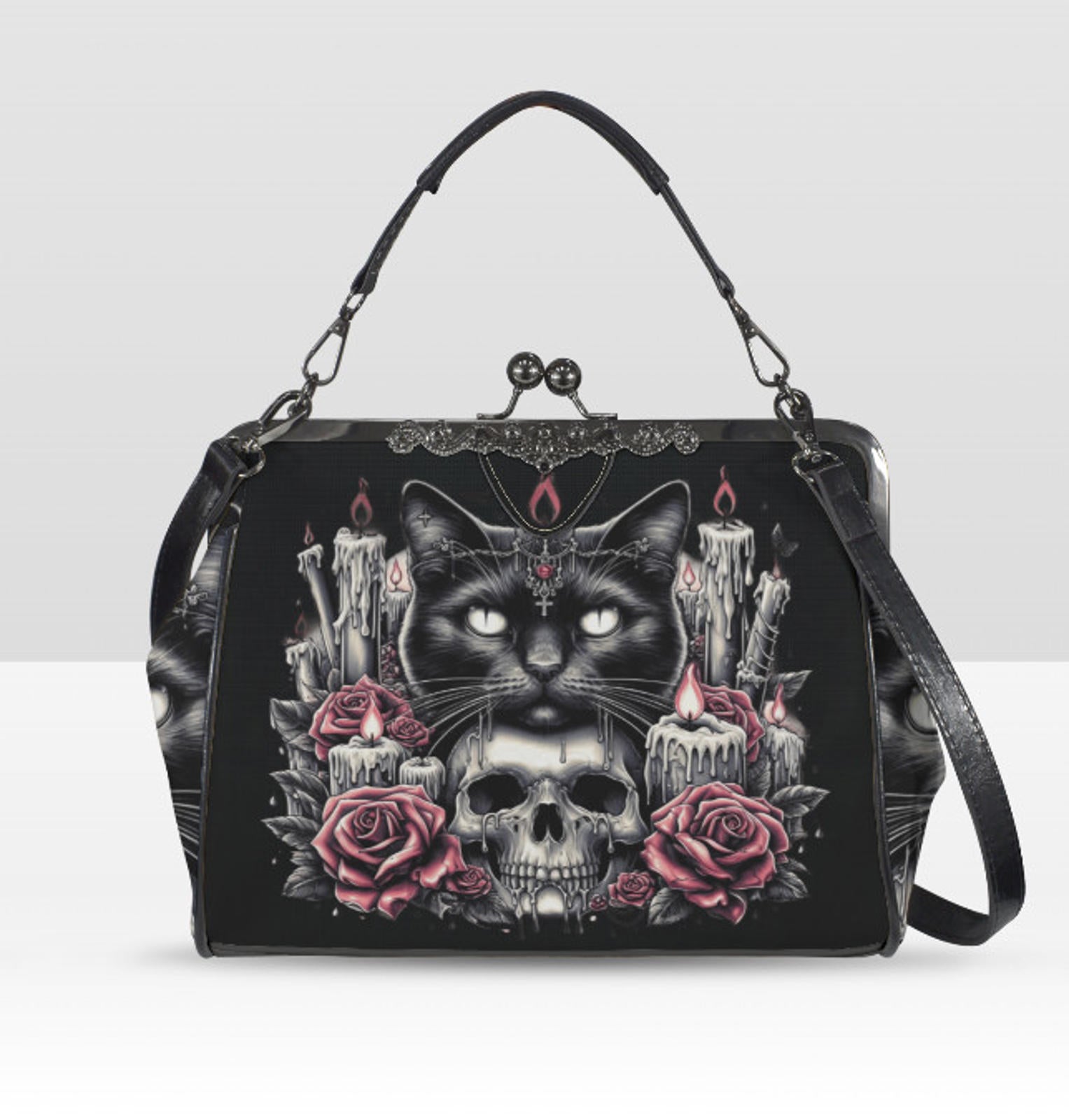 Dark Victorian Gothic Black Cat Candles Roses  Shoulder Cross Body Bag Satchel Kisslock