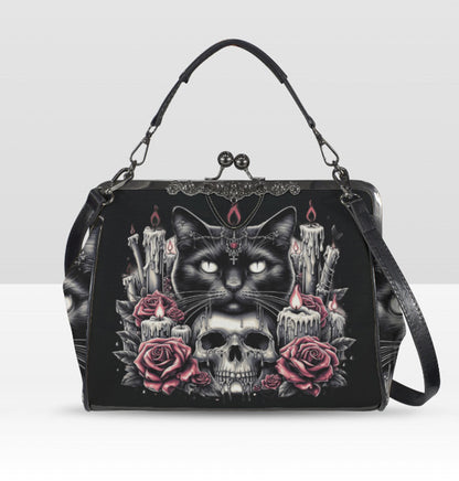 Dark Victorian Gothic Black Cat Candles Roses  Shoulder Cross Body Bag Satchel Kisslock