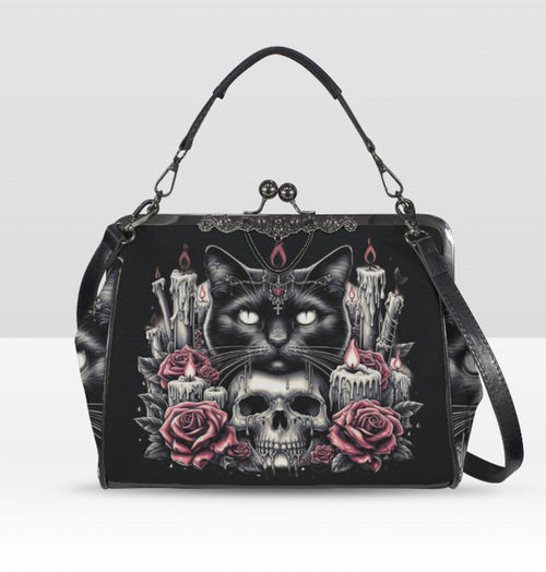 Dark Victorian Gothic Black Cat Candles Roses  Shoulder Cross Body Bag Satchel Kisslock