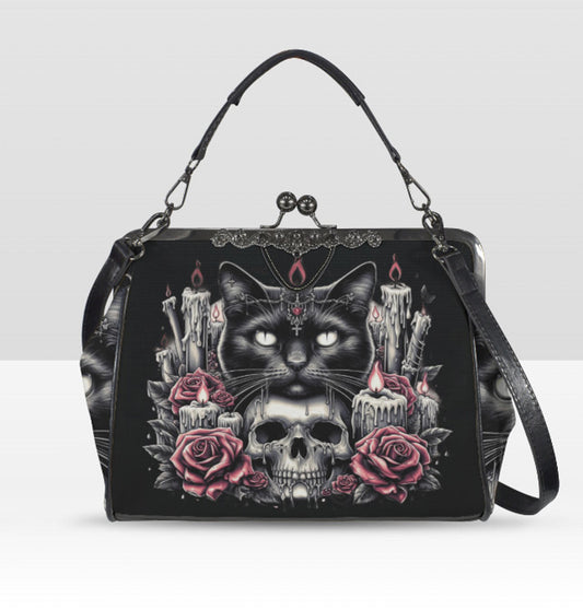 Dark Victorian Gothic Black Cat Candles Roses  Shoulder Cross Body Bag Satchel Kisslock