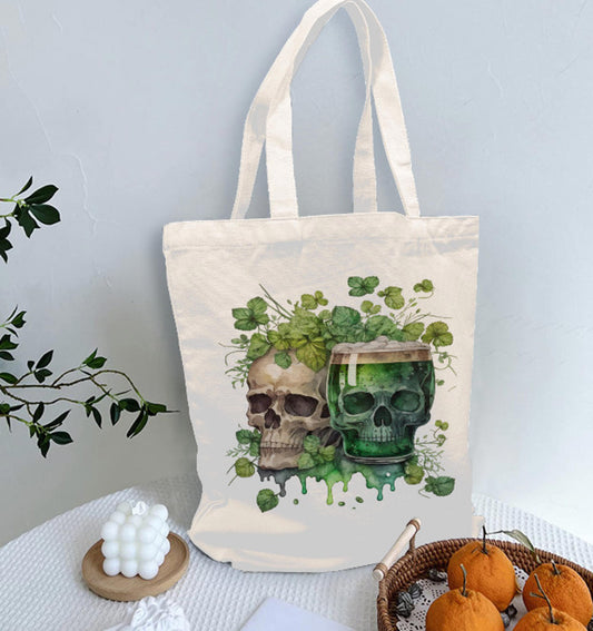 St. Patrick's Day Irish Skull Beer Luck  Print Shoulder Tote Bag 15" X 15" TerrificTrend