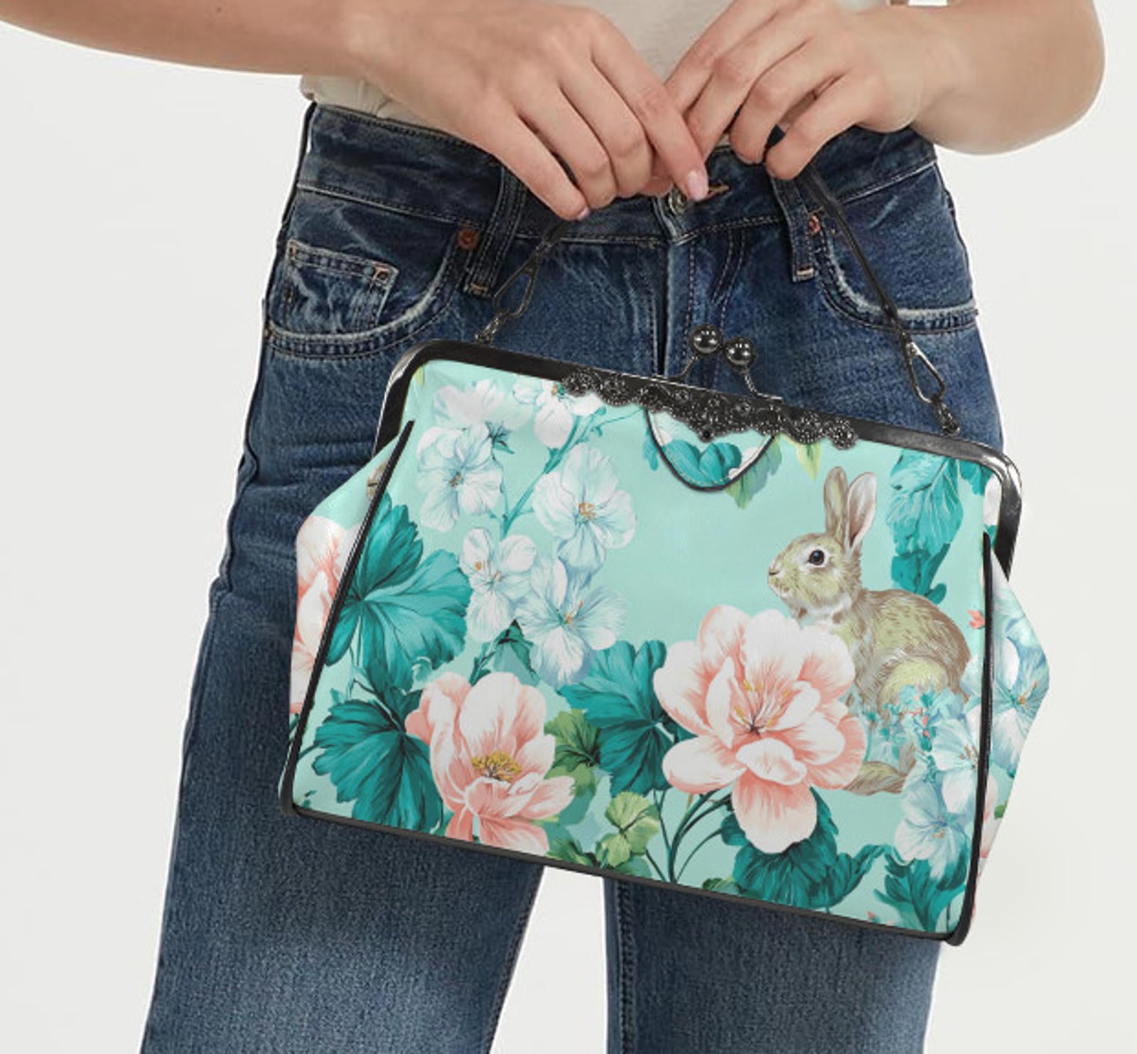 Spring Bunny Rabbit  Garden Flowers Shoulder Cross Body Bag Satchel Mother's Day Kisslock