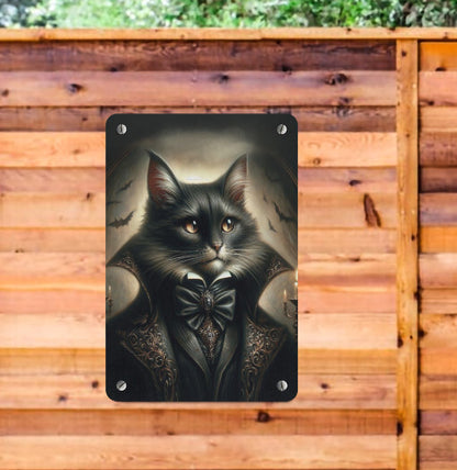 Gothic Victorian  Anthropomorphism Halloween Dracula Cat Metal Sign  Wall Decor Handcrafted