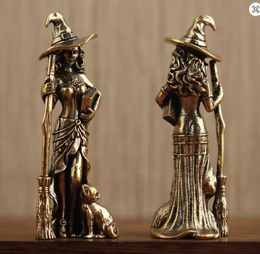 Miniature 3.5" Vintage Brass Witch Statue Broomstick Cat Halloween Home Decor Home Decor