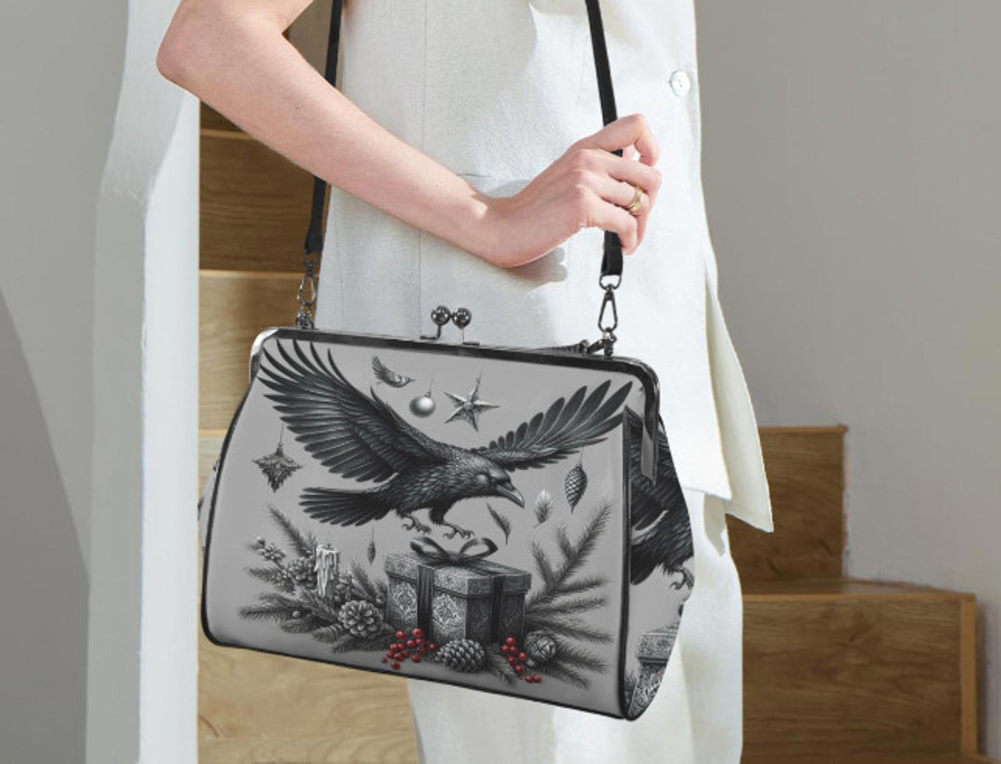 Gray Gothic Christmas Crow  Hand Shoulder Cross Body Bag Satchel 9 x 13 Gift Kisslock