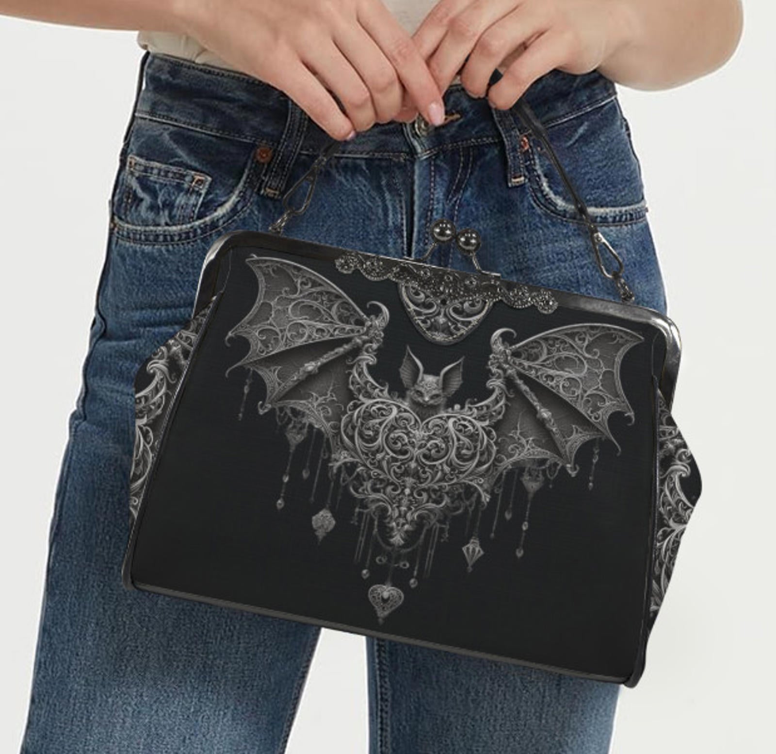 Dark Victorian Gothic Bat w/ Heart and Charms Shoulder Cross Body Bag Satchel Kisslock