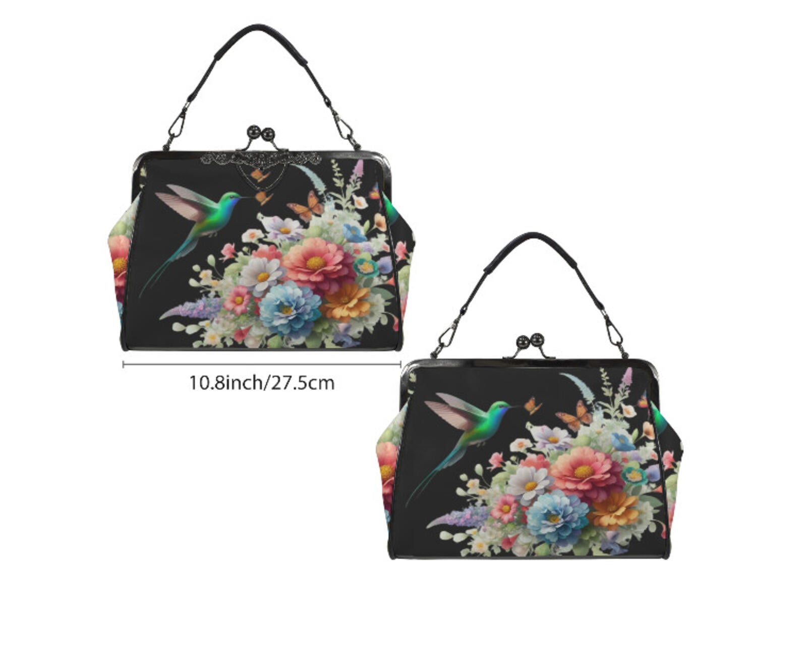 Black Floral Art Hummingbird Spring Mother's Day Shoulder Cross Body Bag Satchel Kisslock