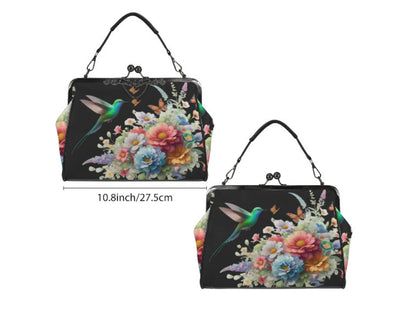 Black Floral Art Hummingbird Spring Mother's Day Shoulder Cross Body Bag Satchel Kisslock