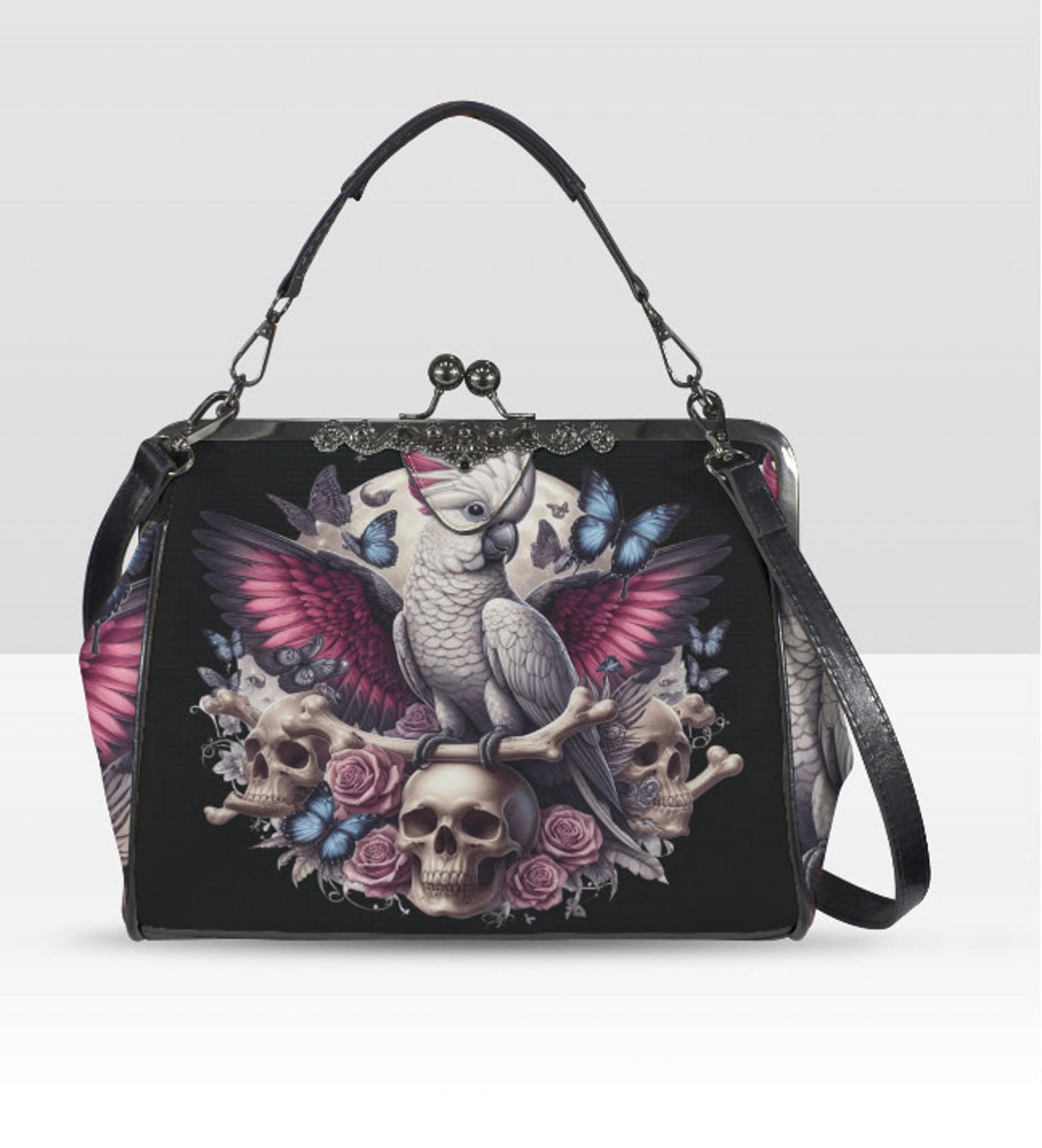 Dark Victorian Gothic Parrot Cockatoo Skull Shoulder Cross Body Bag Satchel Kisslock