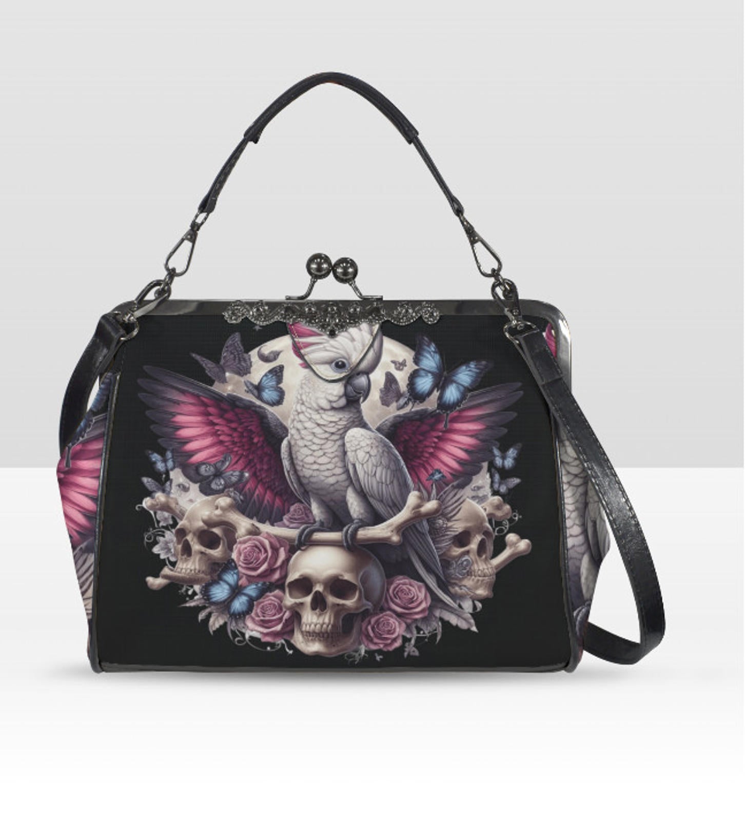 Dark Victorian Gothic Parrot Cockatoo Skull Shoulder Cross Body Bag Satchel Kisslock