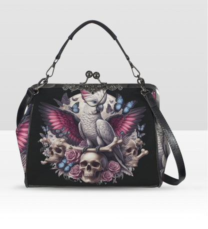 Dark Victorian Gothic Parrot Cockatoo Skull Shoulder Cross Body Bag Satchel Kisslock