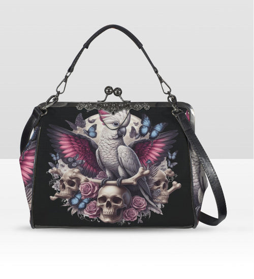 Dark Victorian Gothic Parrot Cockatoo Skull Shoulder Cross Body Bag Satchel Kisslock