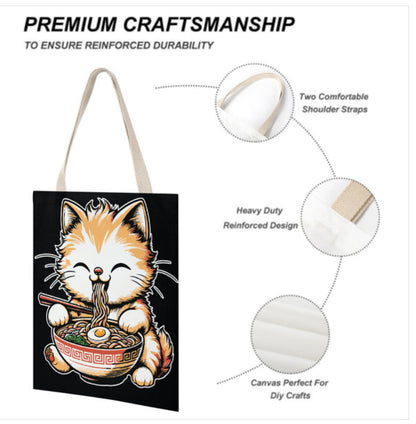 Cute Anime Cat Eating Ramen Reusable Recycled Tote Bag Print on 2 Sides 14 x 18 Terrifictrend