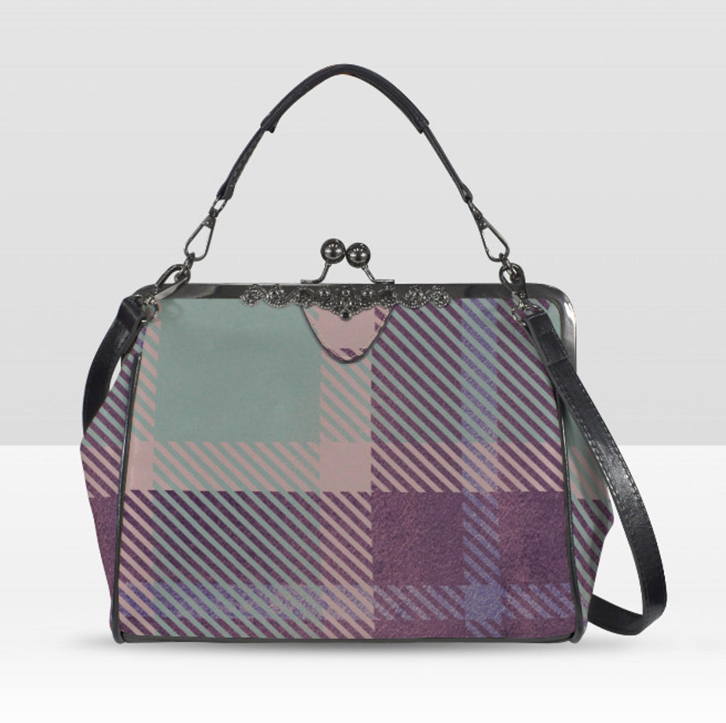 Lavender Purple Sage Plaid Print Shoulder Cross Body Bag Satchel Holiday Gift Kisslock